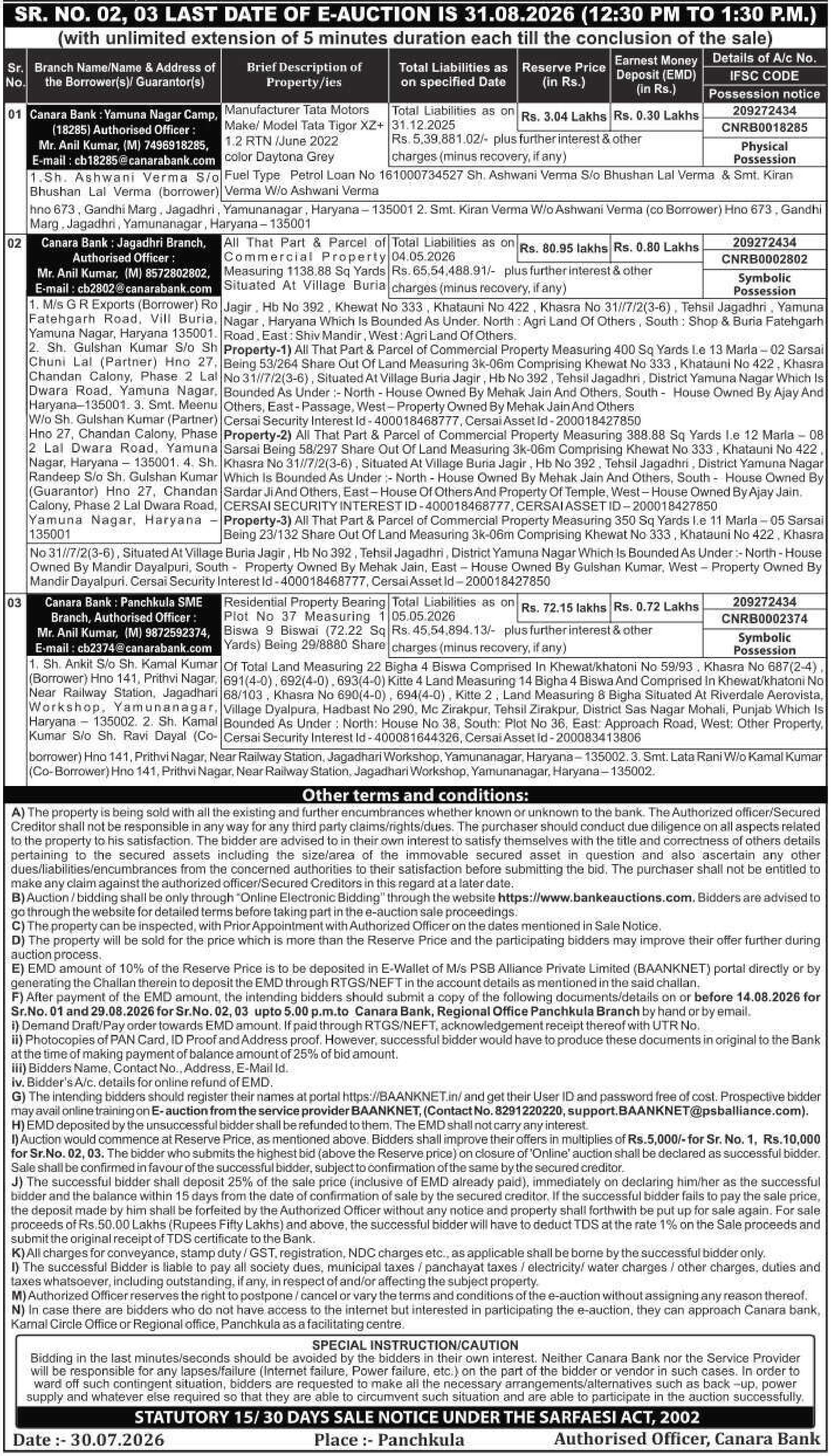 Vehicles auction notice — Canara Bank