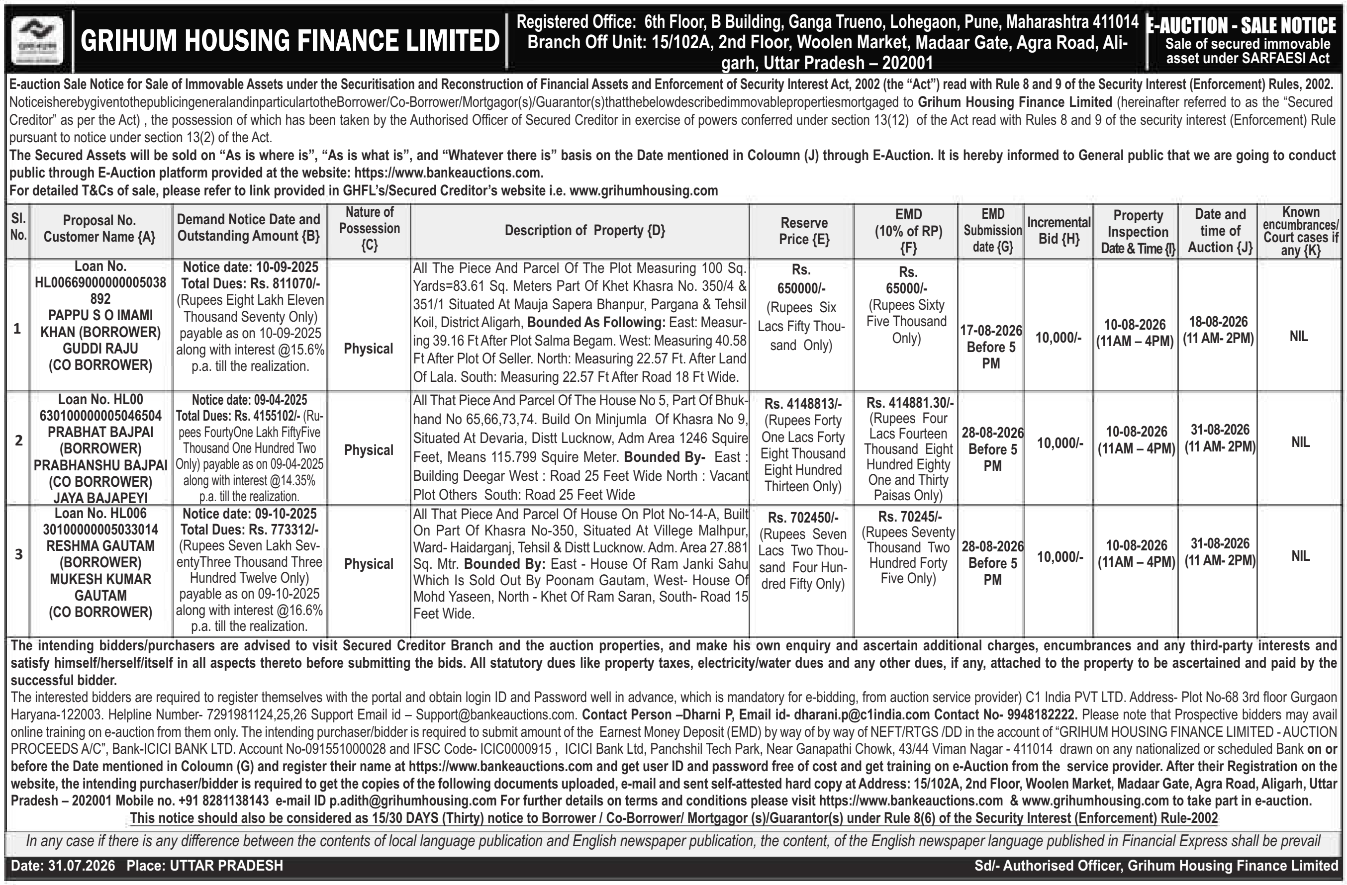 Property auction notice in Lucknow — Grihum Housing Finance Limited