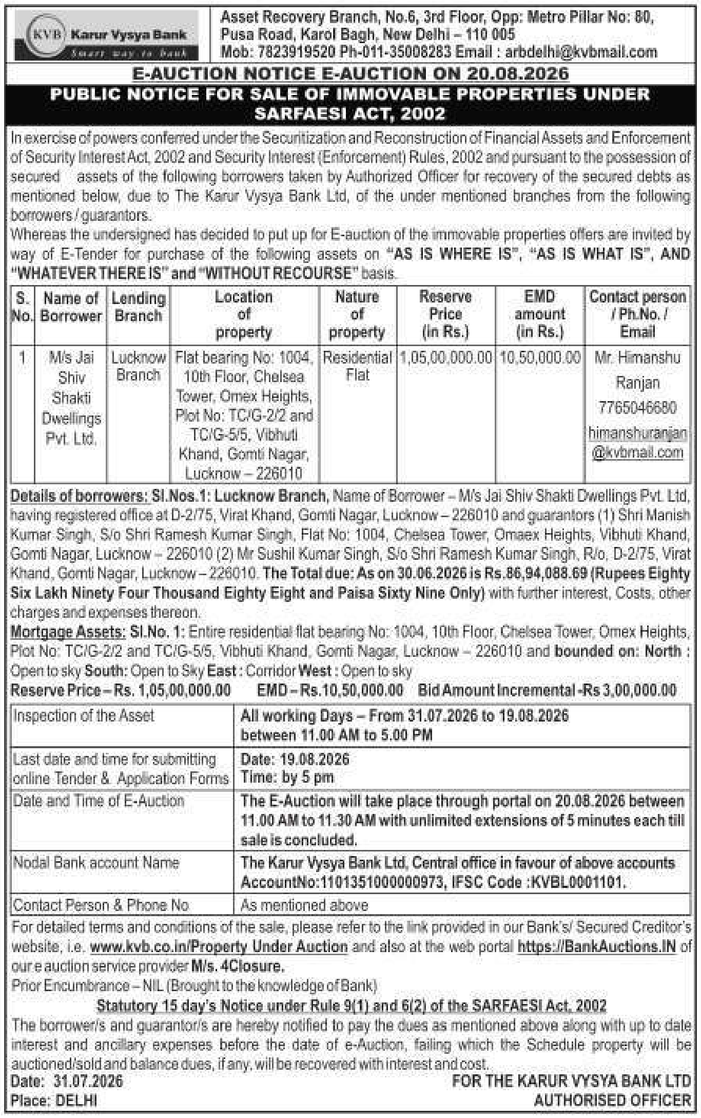 Property auction notice in Lucknow — Karur Vysya Bank