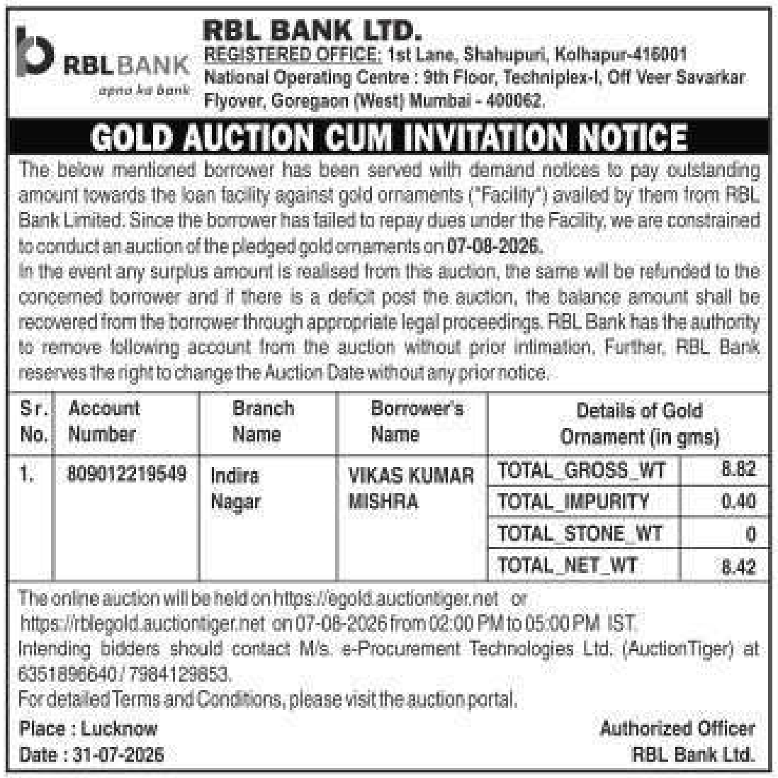 Gold auction notice — Rbl Bank LTD.