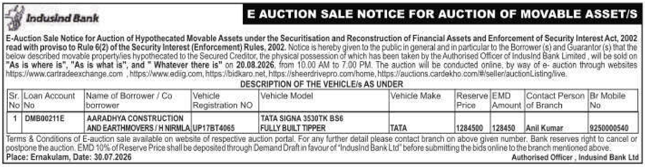 Vehicles auction notice — Indusind Bank