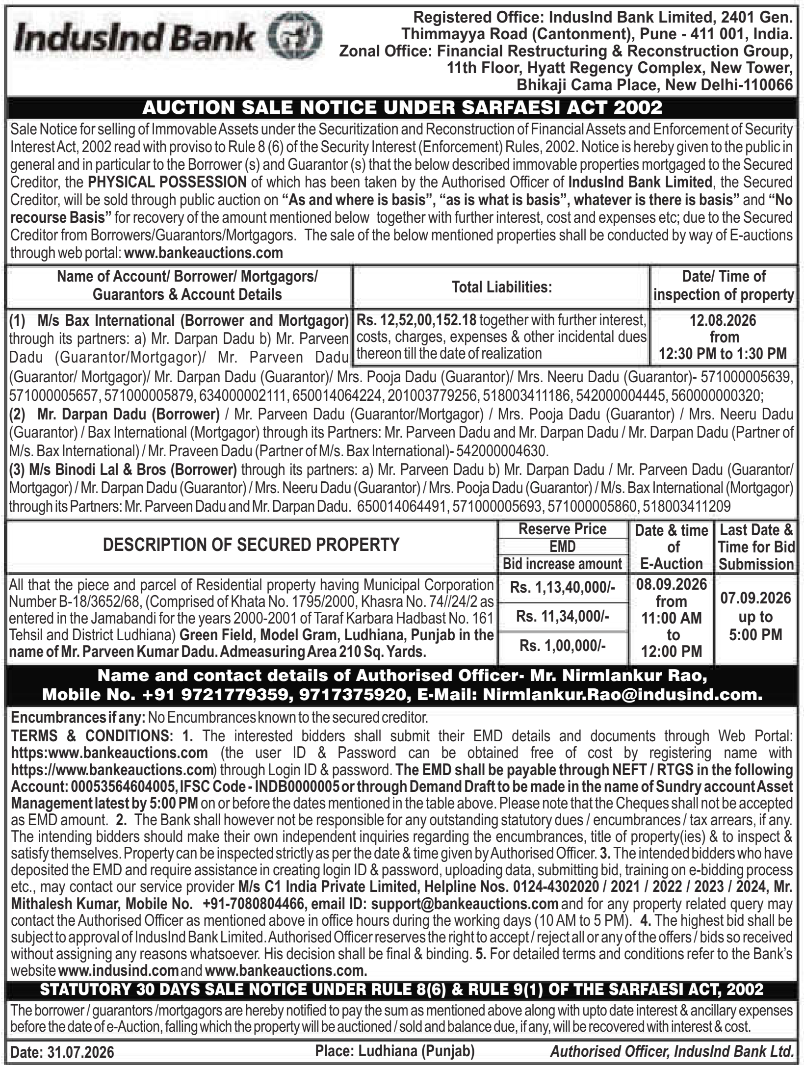Auction notice for Indusind Bank Limited