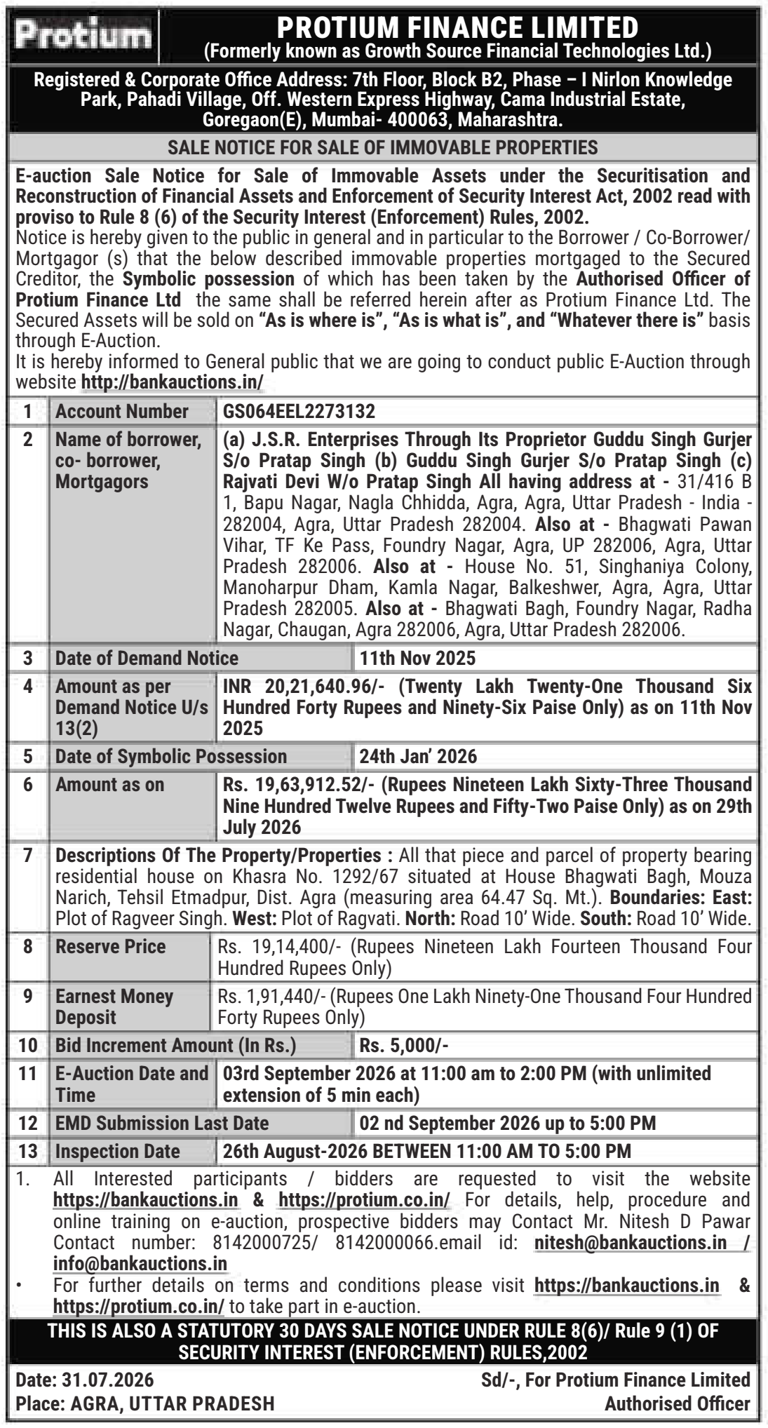 Property auction notice in Agra — Protium Finance Limited
