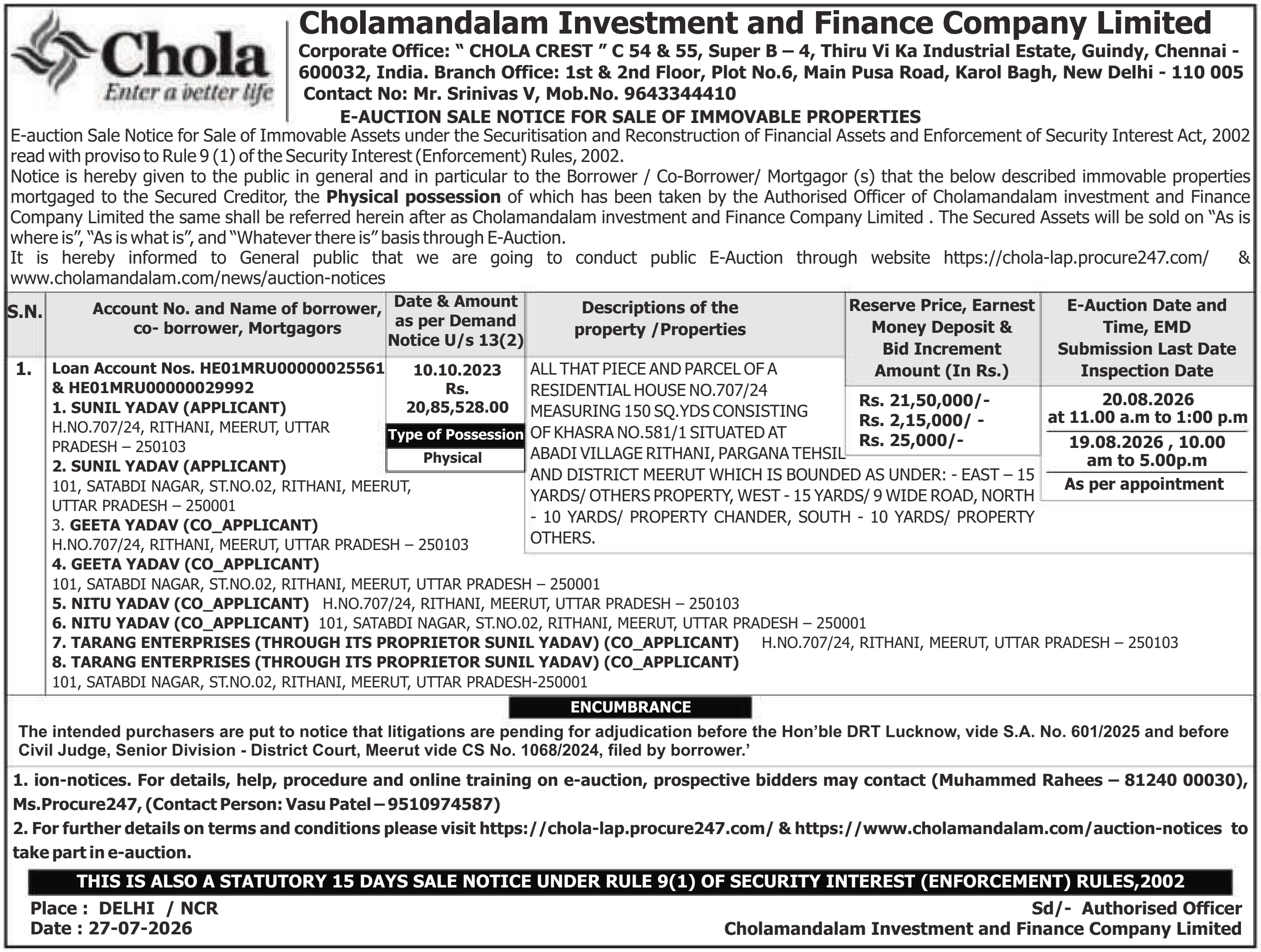 Property auction notice in Meerut — Cholamandalam Investment And Finance Company Limited
