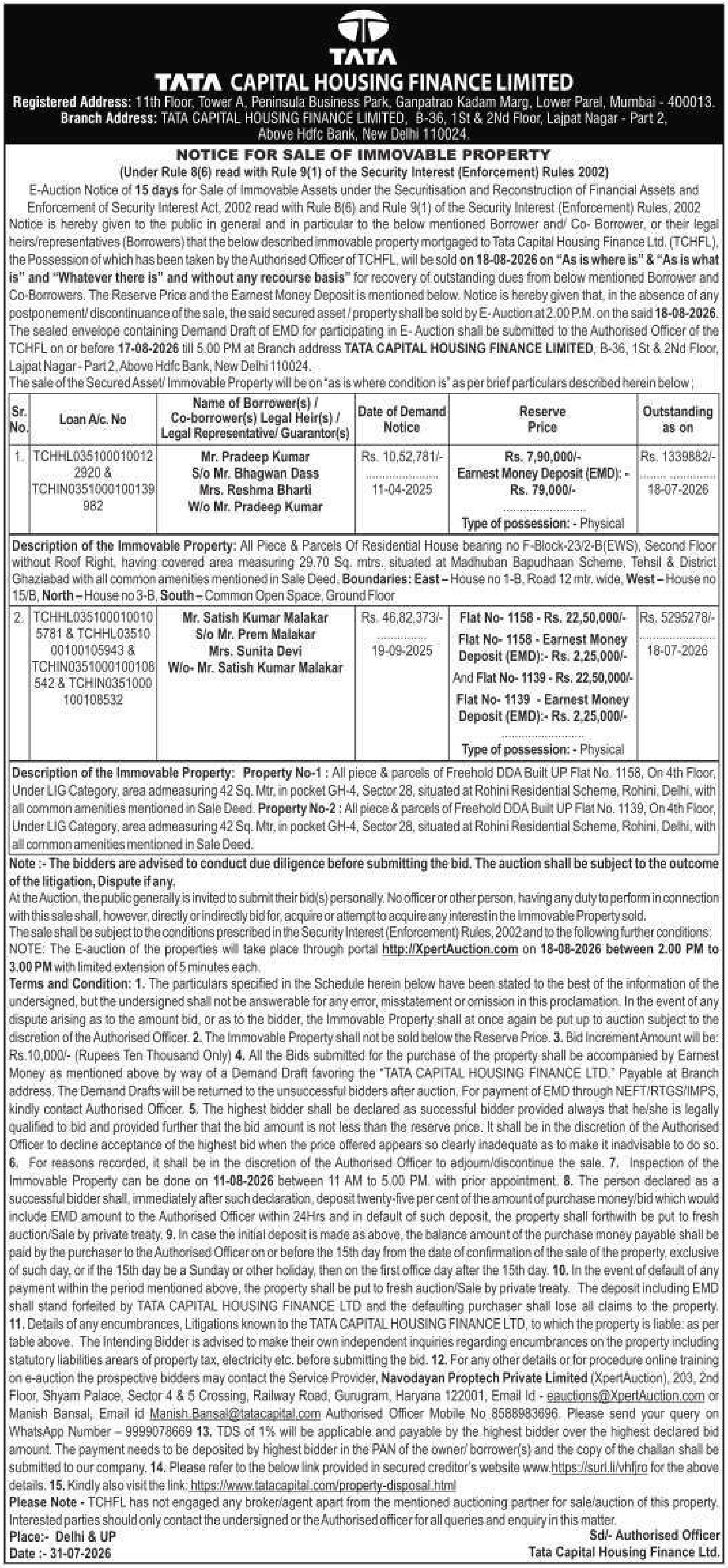 Auction notice for Tata Capital Housing Finance Limited
