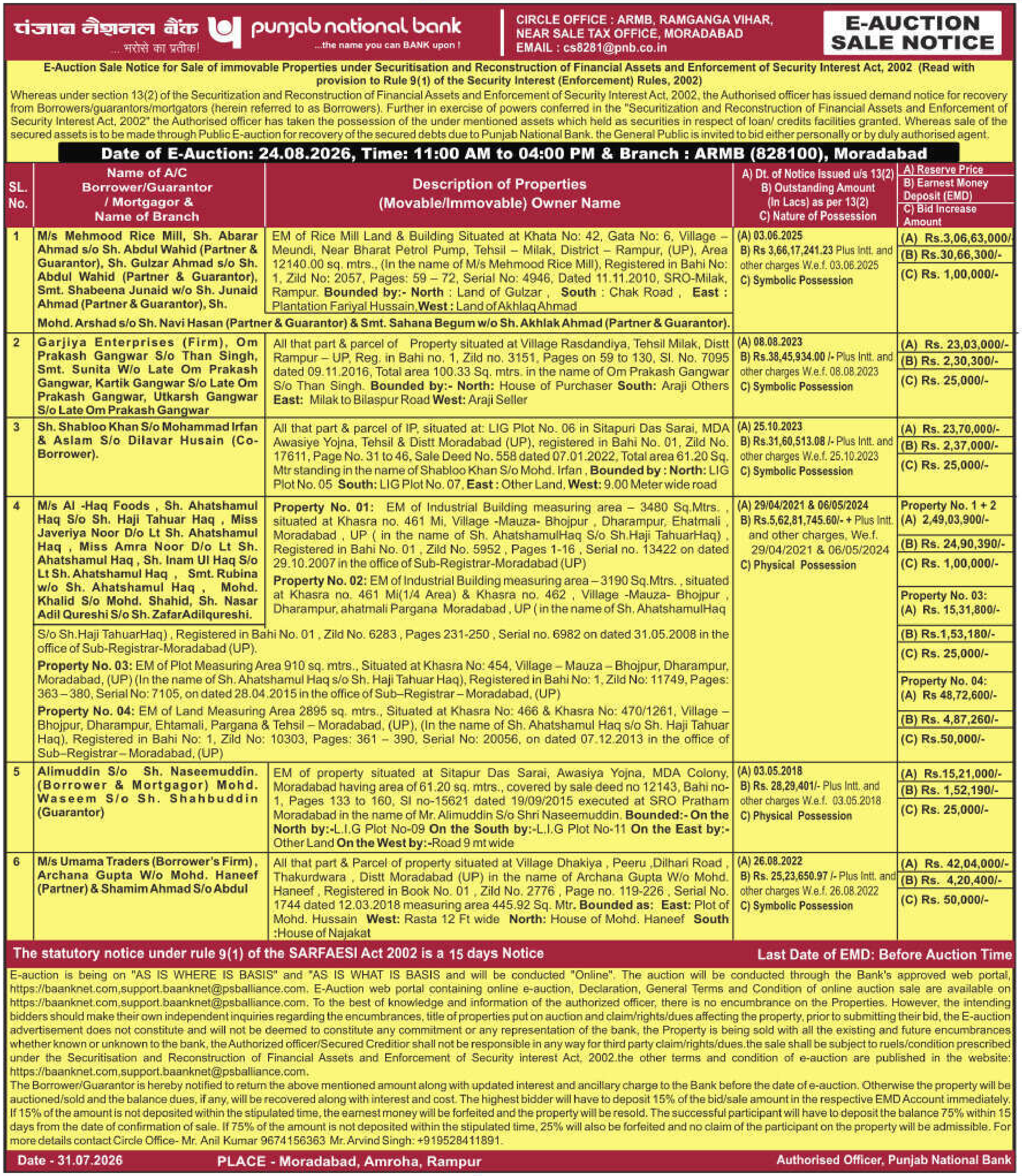 Property auction notice in Moradabad — Punjab National Bank