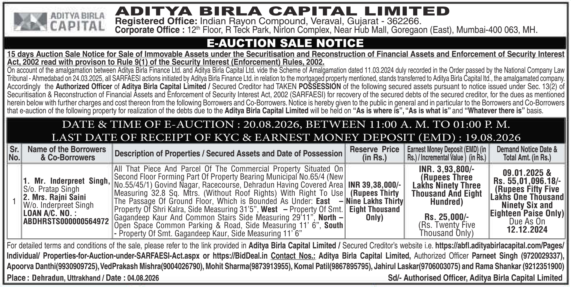 Auction notice for Aditya Birla Capital Limited
