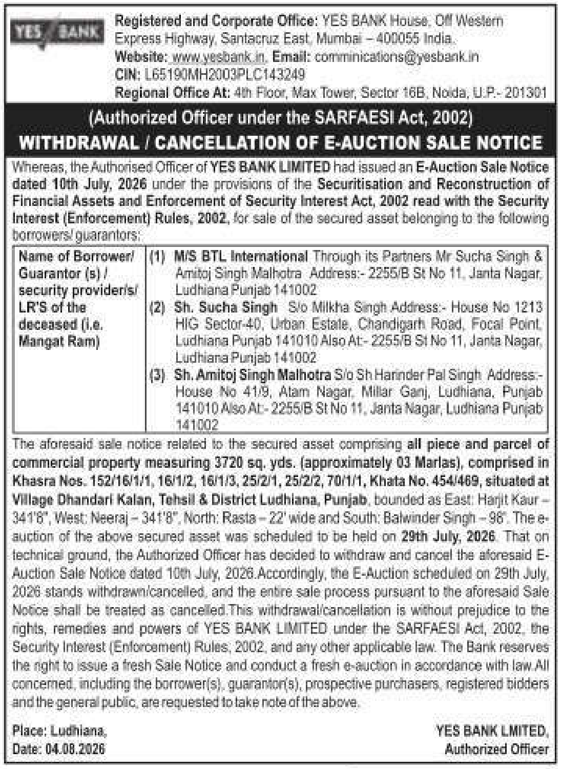 Auction notice for Yes Bank Limited