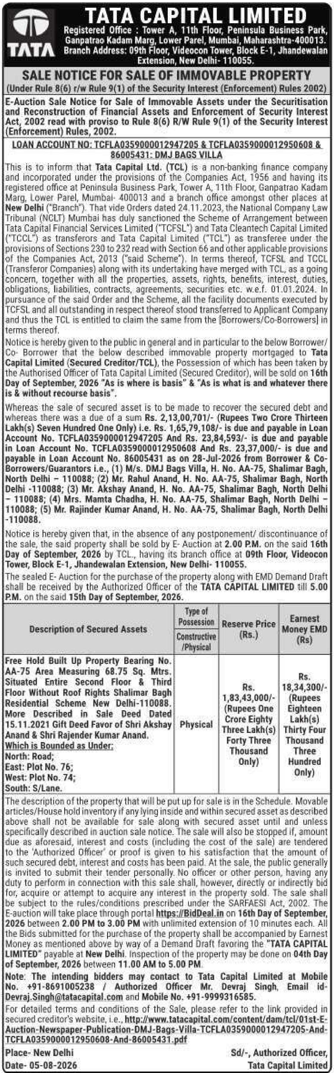 Property auction notice in New Delhi — Tata Capital Limited