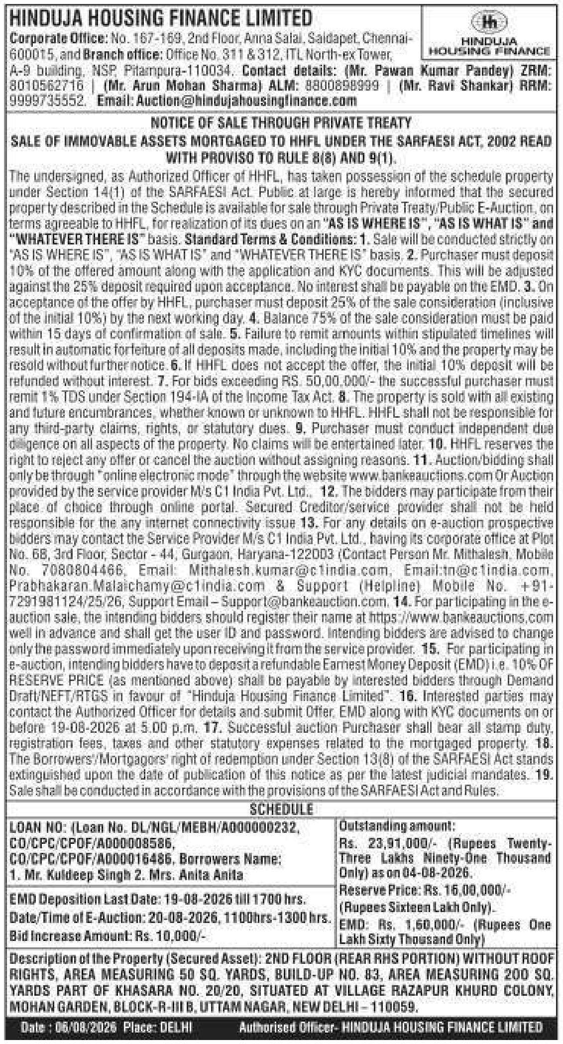 Auction notice for Hinduja Housing Finance Limited