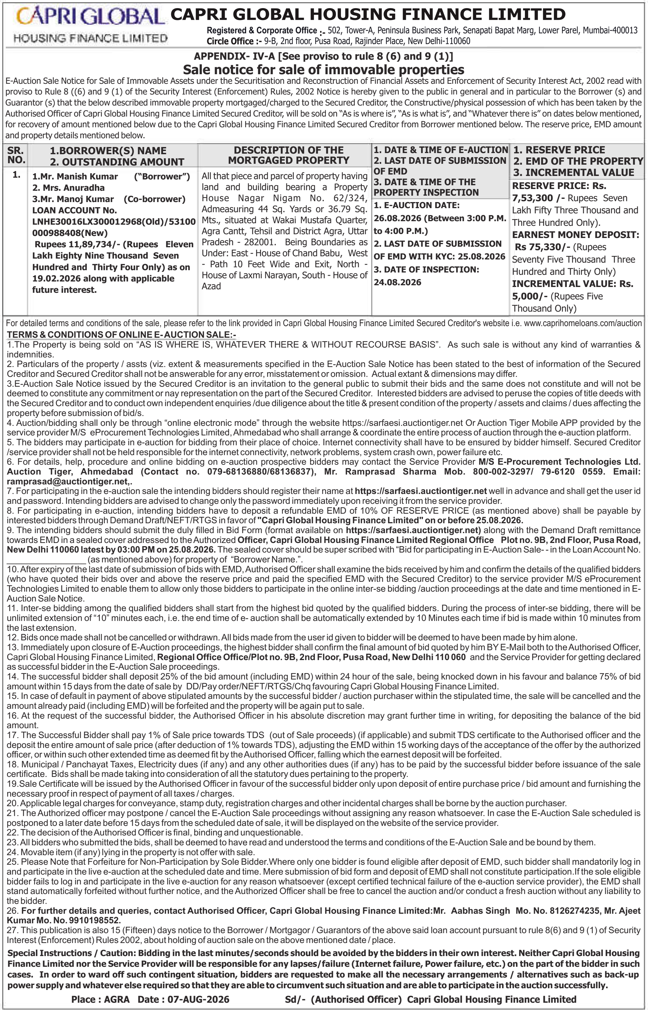 Auction notice for Capri Global Housing Finance Limited