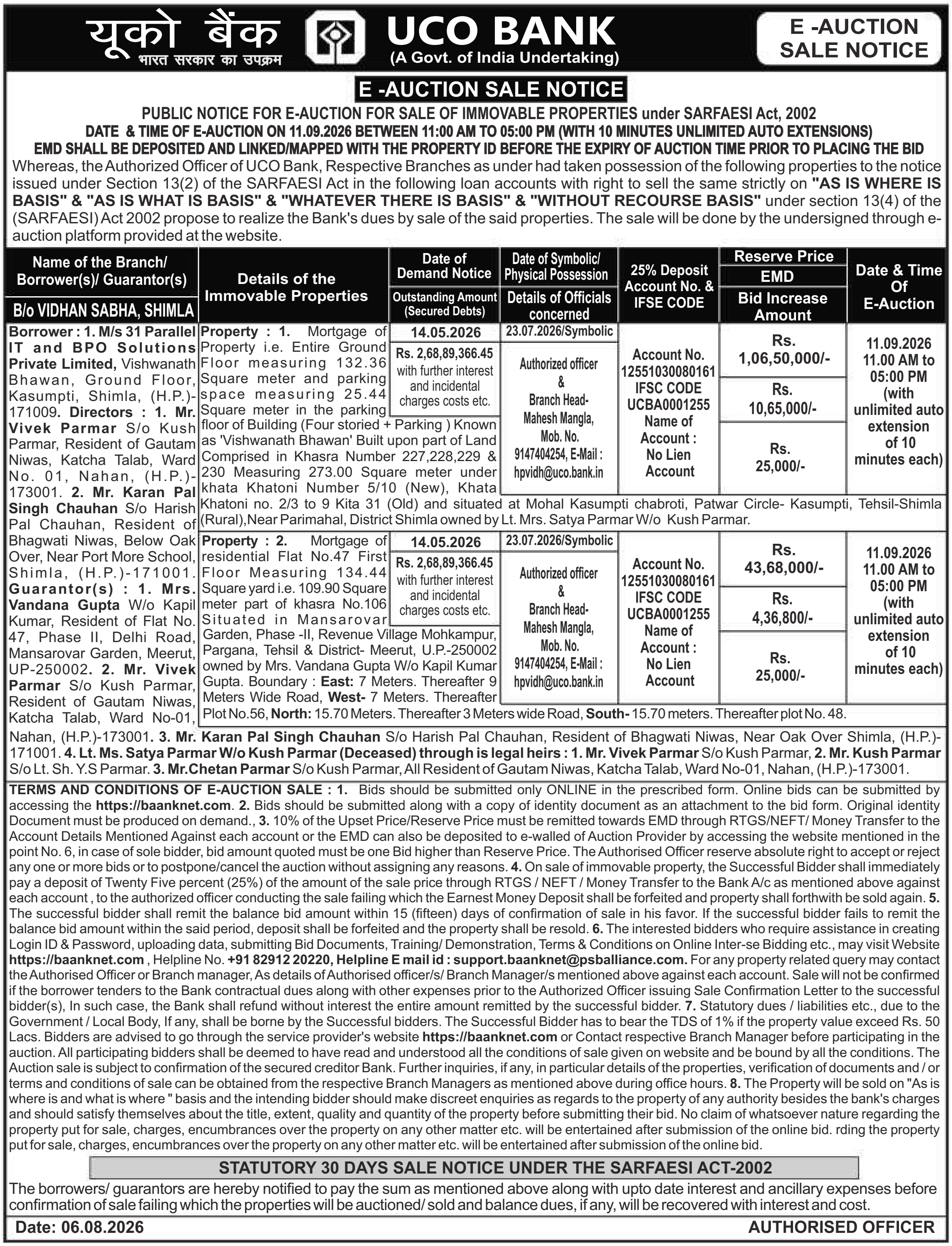 Auction notice for Uco Bank