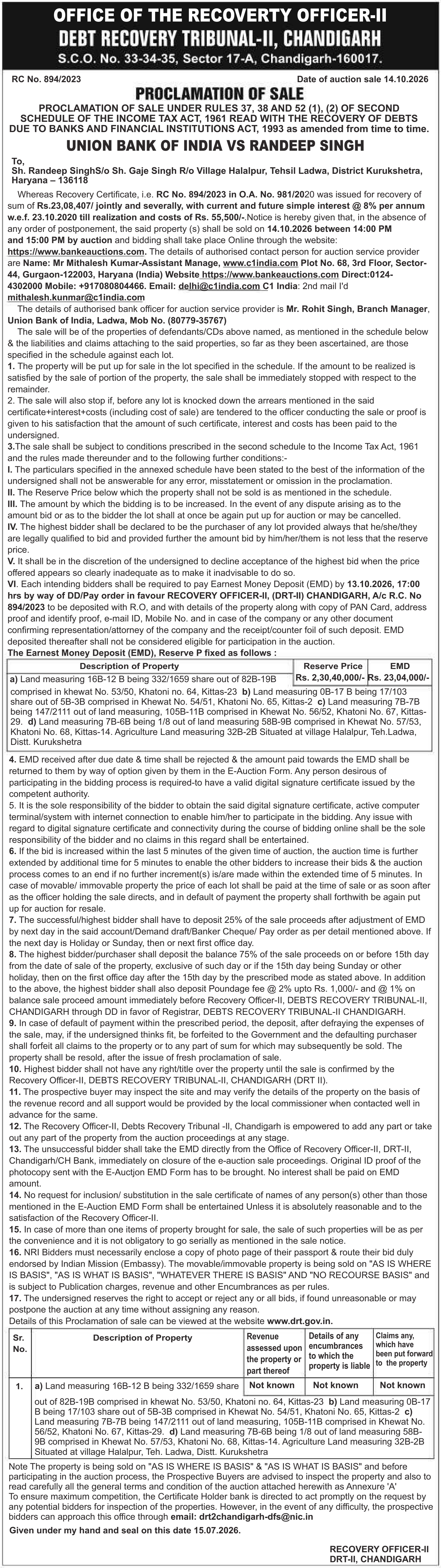Property auction notice in Ladwa — Union Bank Of India