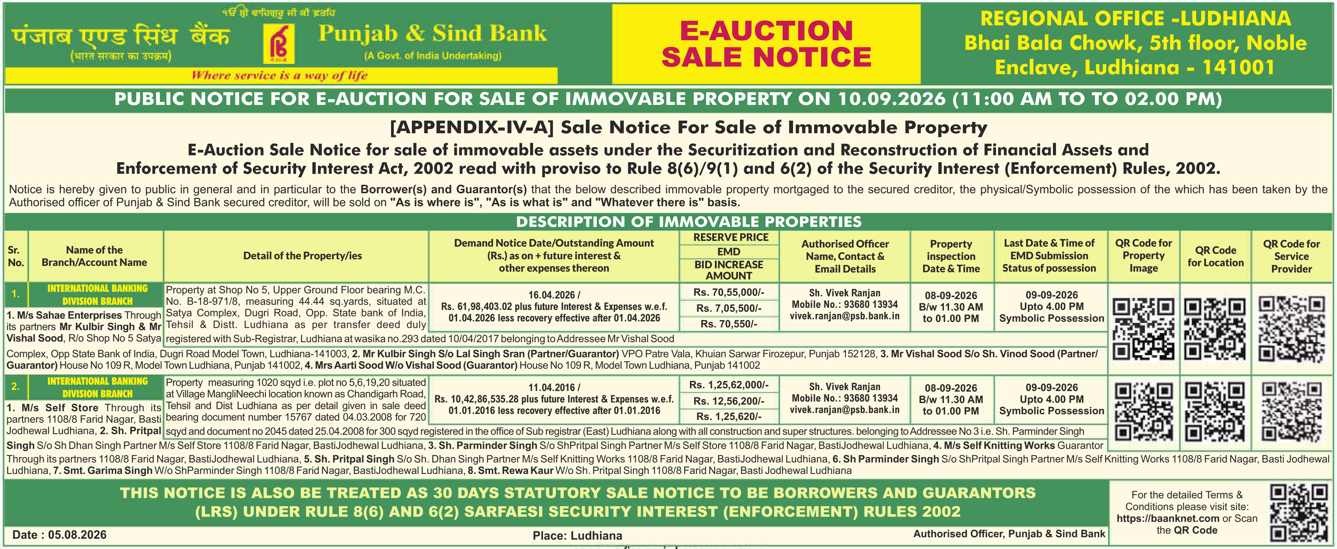 Auction notice for Punjab & Sind Bank