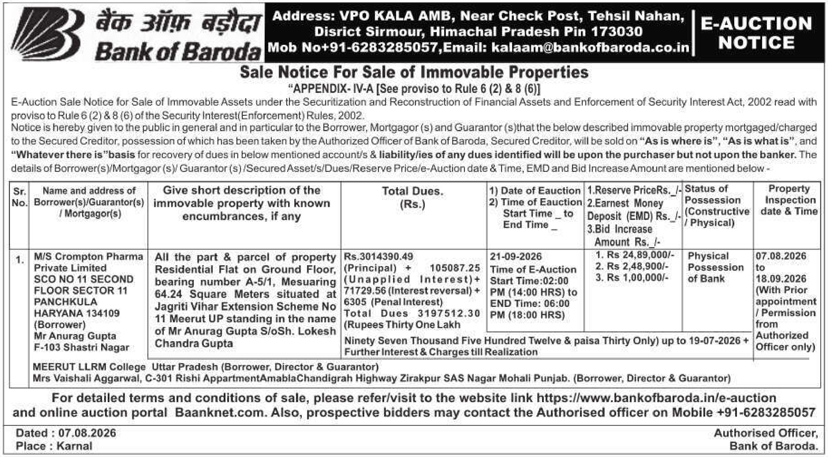 Property auction notice in Meerut — Bank Of Baroda