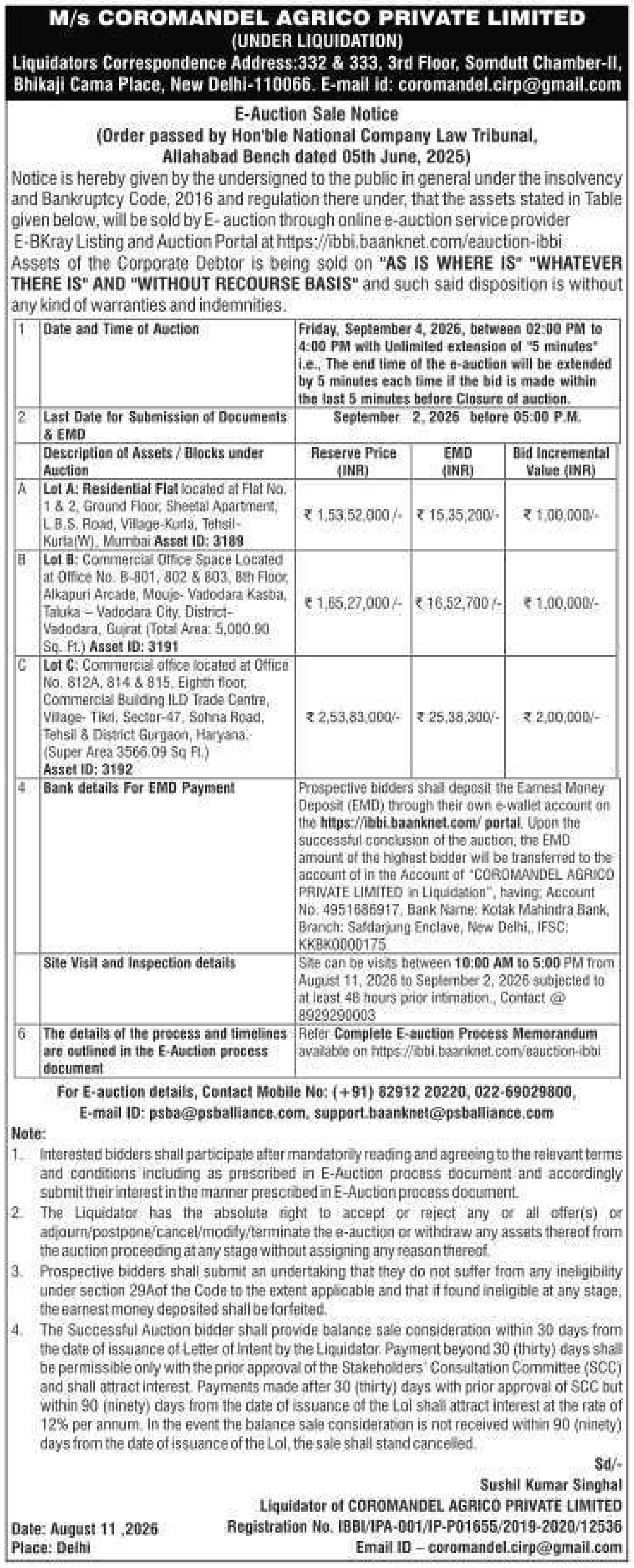 Property auction notice in Gurgaon — M/s Coromandel Agrico Private Limited (under Liquidation)