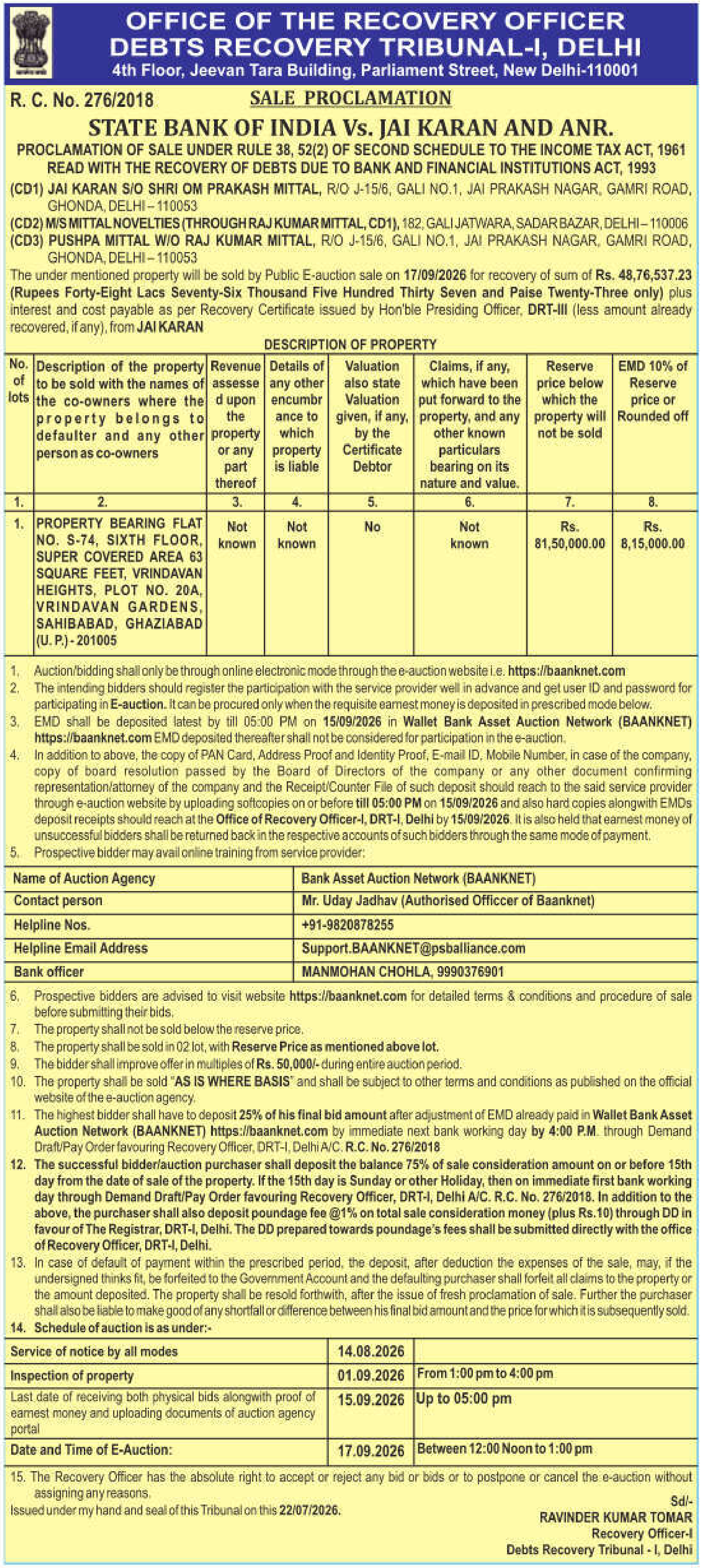 Property auction notice in Ghaziabad — State Bank Of India